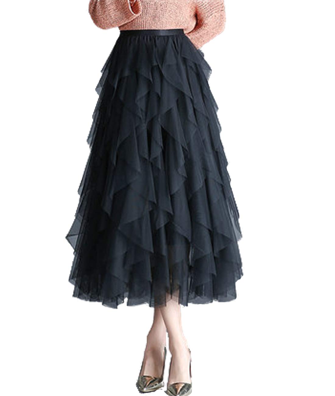 Femirah Women's Long Rainbow A Line Tulle Tutu Skirts Tiered Skirt Petticoat - Black - One Size