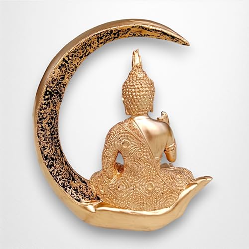 Image of Antique Big Meditating Moon Buddha Statue Showpiece for Home Decor - Living Room - House Warming - Office - Gifting - Buddha Idol Polyresin Decorative Figurine (9 Inch / 23 cm, Gold)