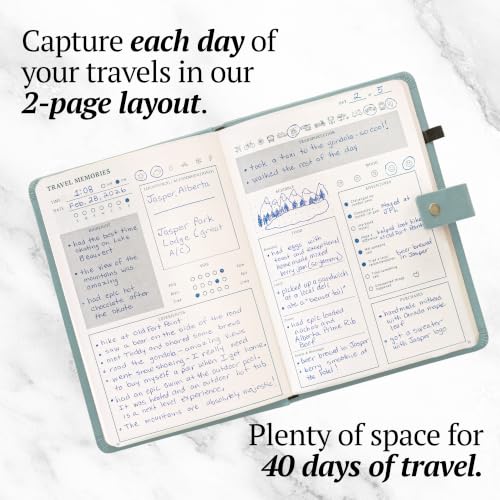 Image of Travel Journal with Prompts (Hardcover) 2nd Edition - Vegan Leather Adventure Essential - 2-Page-A-Day Travel Journal (40 Days) for Women Men Nonbinary - A5 Daily Diary & Traveler Notebook - Gift - Present - Cool Mint