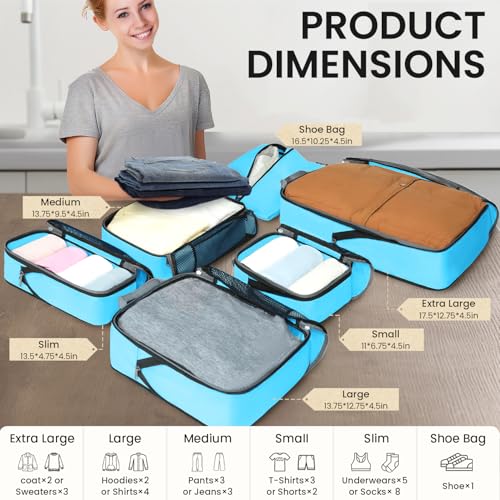 Image of BAGAIL 4 Set /6 Set /8 Set Compression Packing Cubes Travel Accessories Expandable Packing Organizers (Half Mesh, 6-Blue)