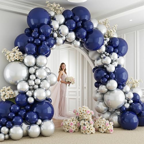 Image of 412Pcs Navy Blue and Silver Balloons Arch Garland Kit,5 10 12 18 inch Navy Blue White Silver Balloons for Birthday Wedding Graduation Anniversary Decorations