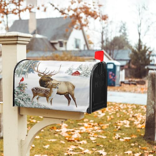 Image of Winter Deer Mailbox Cover Magnetic- Christmas Reindeer Moose Elk Mailbox Wrap- Standard Size 21x18 Inch Waterproof Letter Post Cover for Garden Yard Outdoor Farmhouse Decor