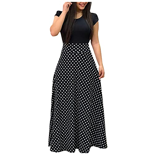 FIRERO Solid Floral Print Casual Crewneck Long Dresses Holiday Party Dress with Pocket Maxi Dress for Women Empire Waist F-Black Large