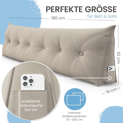 ELONEO Rückenkissen 180 cm breit, Keilkissen für Bett und Sofa geeignet, dreieckiges Lesekissen, Kissen mit abnehmbarem und waschbarem Bezug, mit praktischem Seitenfach
