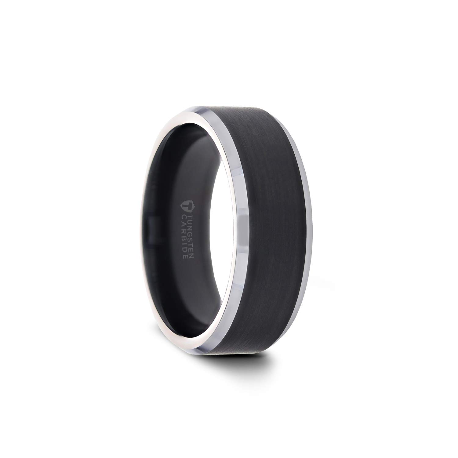 ThorstenAston | Tungsten Rings for Men | Tungsten | Comfort Fit | Custom Engraving Ring Band with Matte Black Brushed Center - 8mm