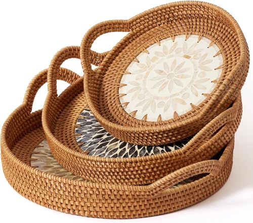 Set of 3 Round Rattan Tray, 100% Natural Handwoven Rattan Serving Tray with Mother Pearl Inlay Base Ottoman Tray, Woven Decorative Tray Wicker Basket with Handles for Coffee Table Storage Display