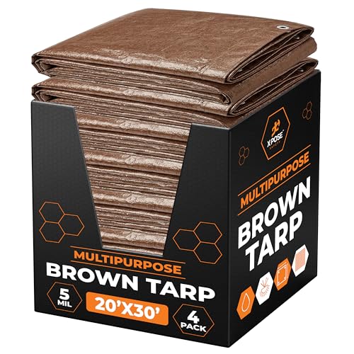 Image of Multipurpose Protective Cover Brown Poly Tarp 20' x 30' Bulk (4-Pack) - Durable, Water Resistant, Weather Resistant - 5 Mil Thick Polyethylene - by Xpose Safety