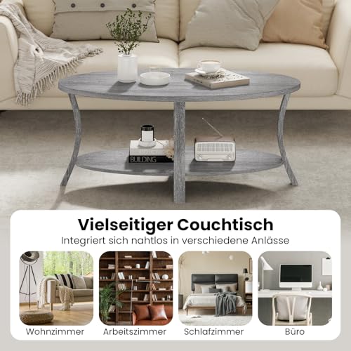COSTWAY Couchtisch, ovaler Wohnzimmertisch mit Ablage, 2-stöckiger Beistelltisch, Sofatisch, Kaffeetisch für Wohnzimmer, Büro, Empfangsbereich, 111 x 60,5 x 47 cm (Grau) – Bild 7