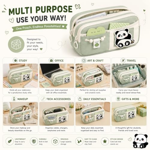 Image of Kawaii Cute Aesthetic Pencil Case for Girls & Boys | 3 Layer 6 Compartment Large Capacity Pencil Pouch with Zipper | Cartoon Stationery Organizer Bag for Students & Kids (Green)