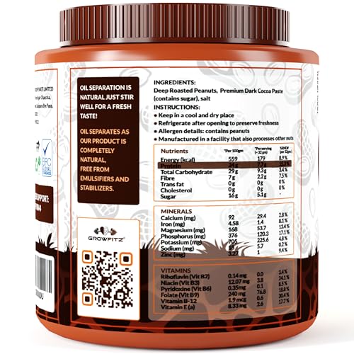 Image of Growfitz Peanut Butter Chocolate Crunchy 800g | 24g High Protein Peanut Butter | 7g Fiber | Tasty & Healthy Nut Butter Spread for Breakfast & Snacks | Zero Sugar