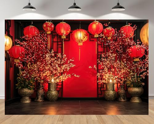 MAEQLQLM 7x5ft Chinese New Year Backdrop with Red Lanterns Plum Blossom Traditional Grid Background for Chinese Festival Celebration Decor Photo Studio Booth Props Banner Wallpapers