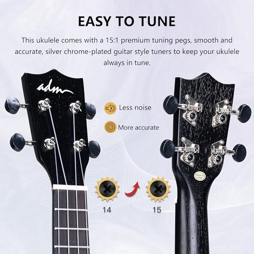 Image of ADM Ukulele for Beginners Hawaiian Sapelewood Ukelele Kit for Adult Student Starter Professional Ukalelee Pack Bundle with Free Lessons Gig Bag Strap Nylon String Tuner (Black-Sapele, 21 Inch)