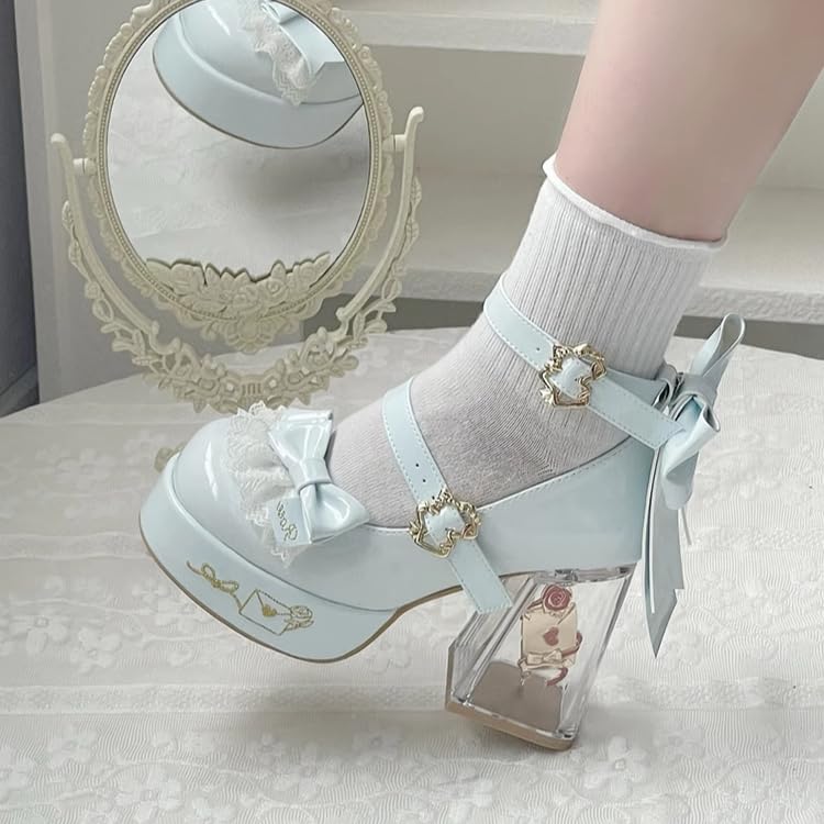 ZQW Clear Heel Mary Jane Pumps for Women Chunky Platform Round Toe Bow Buckle Ankle Strap High Block Heel Lolita Cosplay Kawaii Shoes Party Dressy3