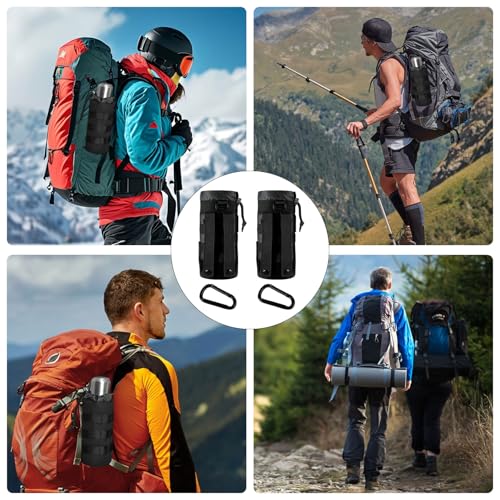 2 StkTaktisch Flaschenhalter, für Molle Trinkflaschenhalter Gürtel, Wasserflaschentasche, Tragbarer Rucksack Flaschenhalter Tasche mit Kordelzug, Camping Getränkehalter Gürtel + 2 Karabiner