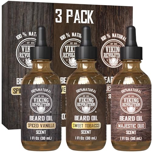 Viking Revolution Beard Oil for Men 3 Pack - Natural Mens Beard Oil Variety Set - Spiced Vanilla, Sweet Tobacco, Majestic Oud - Beard Conditioning and Moisturizing for a Healthy Beard (3 Pack, 1oz)