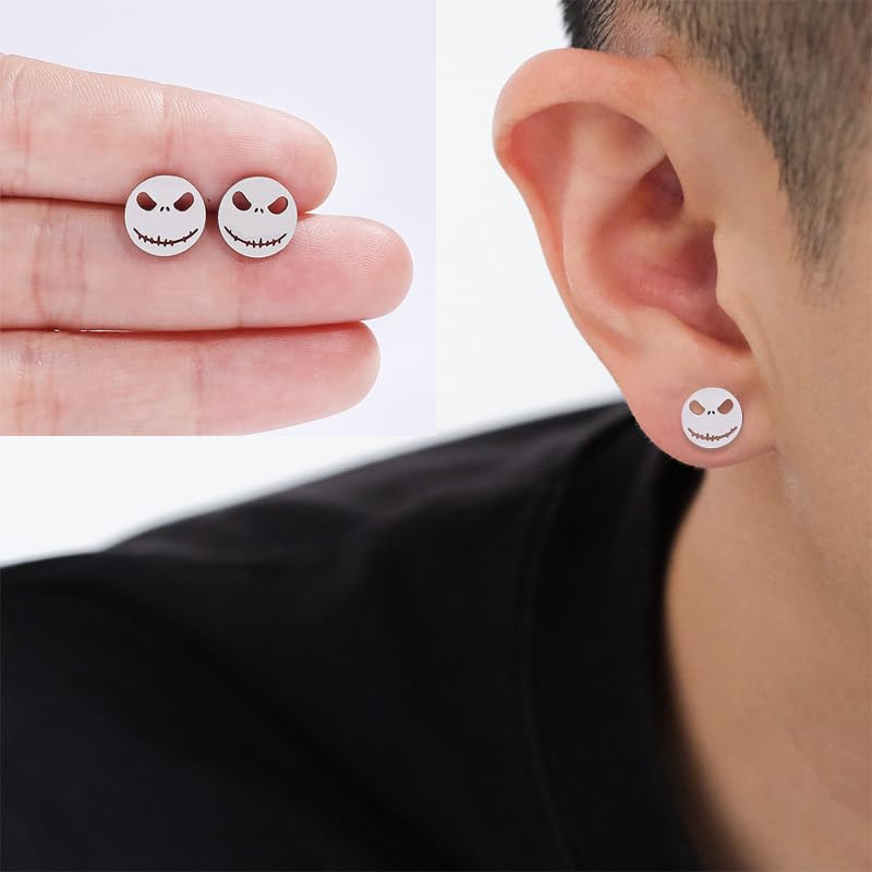Dreuyet 4 Pairs Stainless Steel Jack Skellington Skull Stud Earrings for Men Halloween Skeleton Head Cut-Out Stud Post Earrings Horror Halloween Atmosphere Studs Jewelry Unisex3