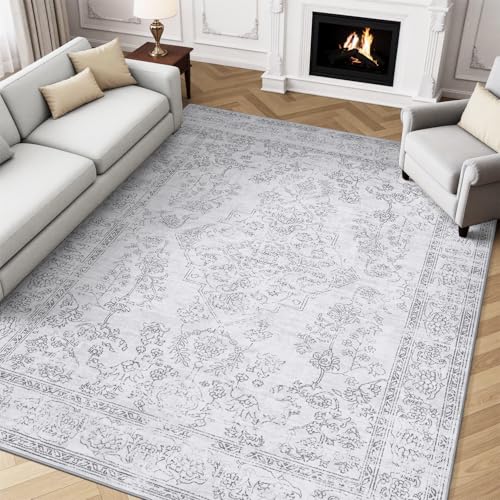 MontVoo-Area Rugs 9x12 Living Room-Vintage Soft Grey Rugs for Bedroom-Non Slip Carpet-Washable Rug for Dining Room Living Room Bedroom Office Under Table Fog Grey 9' x 12' (Rectangular)