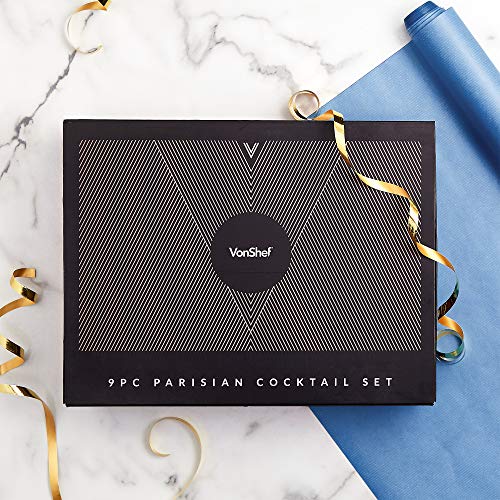 VonShef Matte Black Parisian Cocktail Shaker Set in Gift Box with 17oz Shaker, Muddler, Bar Spoon, Jigger, Hawthorne Strainer, Julep Strainer, Bottle Pourers and Recipe Book