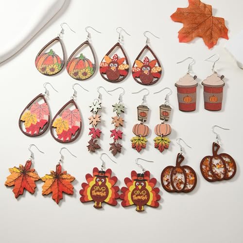 18 PCS Thanksgiving Fall Earrings for Women Autumn Earrings Pumpkin Maple Leaf Turkey Wooden Dangle Earring Holiday Jewelry2