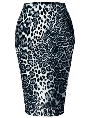SSOULM Women's Floral Midi Pencil Skirt - Made in USA - Stretchy High Waisted Work Office Bodycon Skirts (Plus Size), Ssk003_animal Grey, Medium