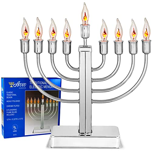 Hanukkah Classic Highly Polished Menorah Chrome Plated Electric Menora with Flickering Bulb Candles for Chanukah by Aviv Judaica