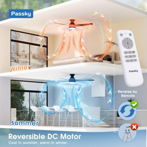 Image of Passky Ceiling Fans with Lights, 52 inch Low Profile Ceiling Fan with Pull Chain and Remote Control, Flush Mount, Reversible, 5CCT, Dimmable, Noiseless, Black Pull Cord Ceiling Fan for Bedroom