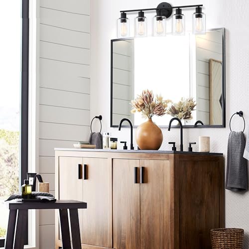 Image of 5-Light Black Bathroom Vanity Light Fixture Over Mirror - 5 Bulb Black Wall Sconce for Bathroom Bedroom Hallway Wall Mount Fixture Over Kitchen Sink