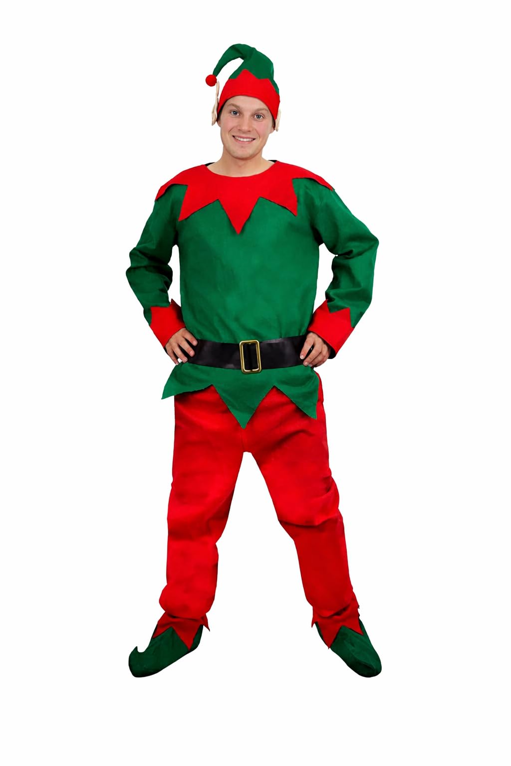 eBoutik, Novelty Adult Christmas Elf Costume Set, Green Top, Red Trousers, Hat with Ears, Belt, Deluxe Shoes