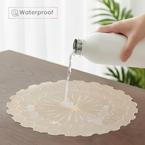 Image of Yellow Weaves 1 Pc PVC Round Table Placemat, Dining Table Mat, Stain Resistant, Anti-Skid, Waterproof, Washable, Dining, Kitchen, Restaurant Table Set Easy to Clean, Durable (Sunburst Golden)