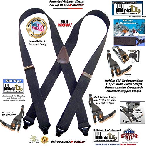 American made Holdup Black Ski-Ups X-back Suspenders with Patented black Gripper Clasps - Thumbnail 3