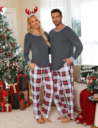 LecGee Matching Christmas Pajamas for Couples Long Sleeve Family Sleepwear Women Men Buffalo Plaid Pjs Pant with Pockets2