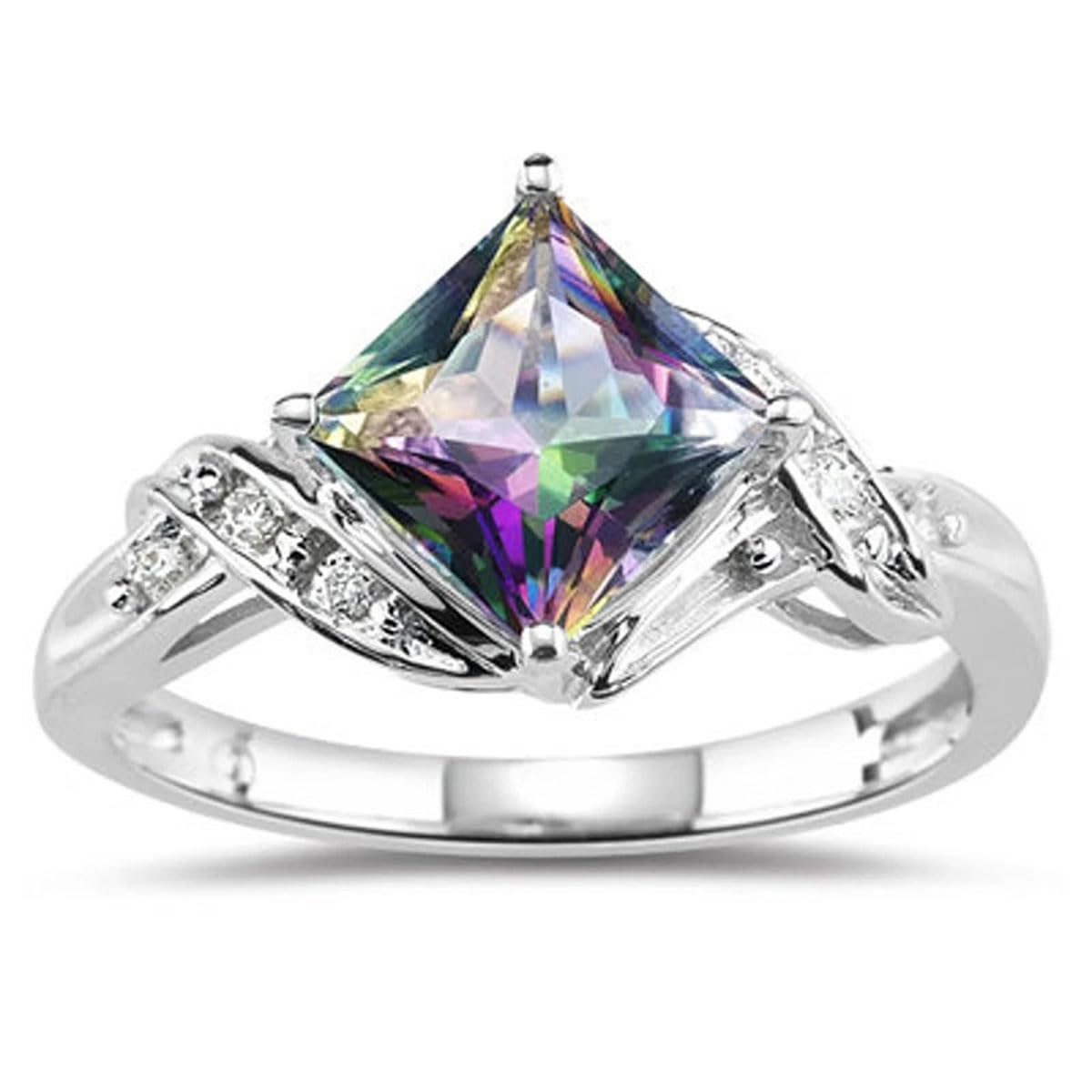 Yahoya Women's Silver Emerald Cut 3Ct Natural Mystic Fire Rainbow Topaz Engagement Wedding Ring Genuine Rings For