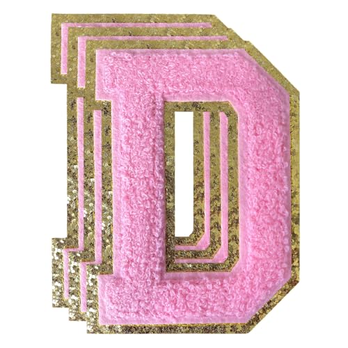 TXSN 3PCS Pink Chenille Letters Patch, Large Size 4-1/2" Iron on Letter Patches Varsity Glitter Patches for Clothing, D