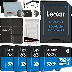 Lexar Pack of 4 High-Performance 633x 32GB (128GB Total) MicroSDHC UHS-I Memory Cards with SD Adapter LSDMI32GBBNL633A Bundle w/Deco Gear SD Reader & Storage Case + Microfiber Cloth & Accessories