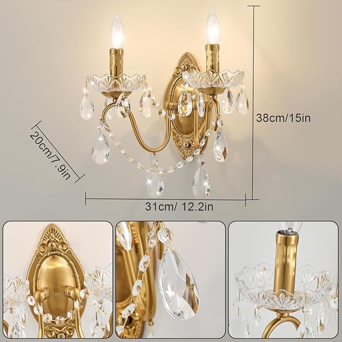 Image of Crystal Wall Sconce, Gold Wall Sconces, Gold Sconces Wall Set of 2, for Living Room, Bedroom, Bathroom,Vanity