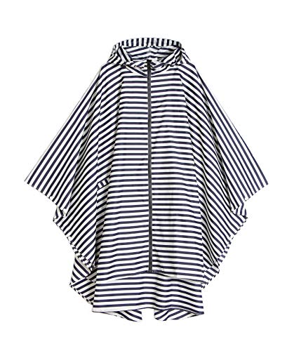 Freesmily Damen Regen Poncho stilvolle wasserdichte Regenmantel mit Kapuze Reißverschluss (weiße Streifen)