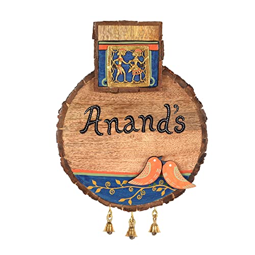 Image of Aakriti Art Creations Peacock Anand Handcrafted Dhokra Brass Art Solid Wood Nameplate for Home Entrance | Personalised Name Plate | Customised Wooden Name Sign | Decorative Door Name Plate