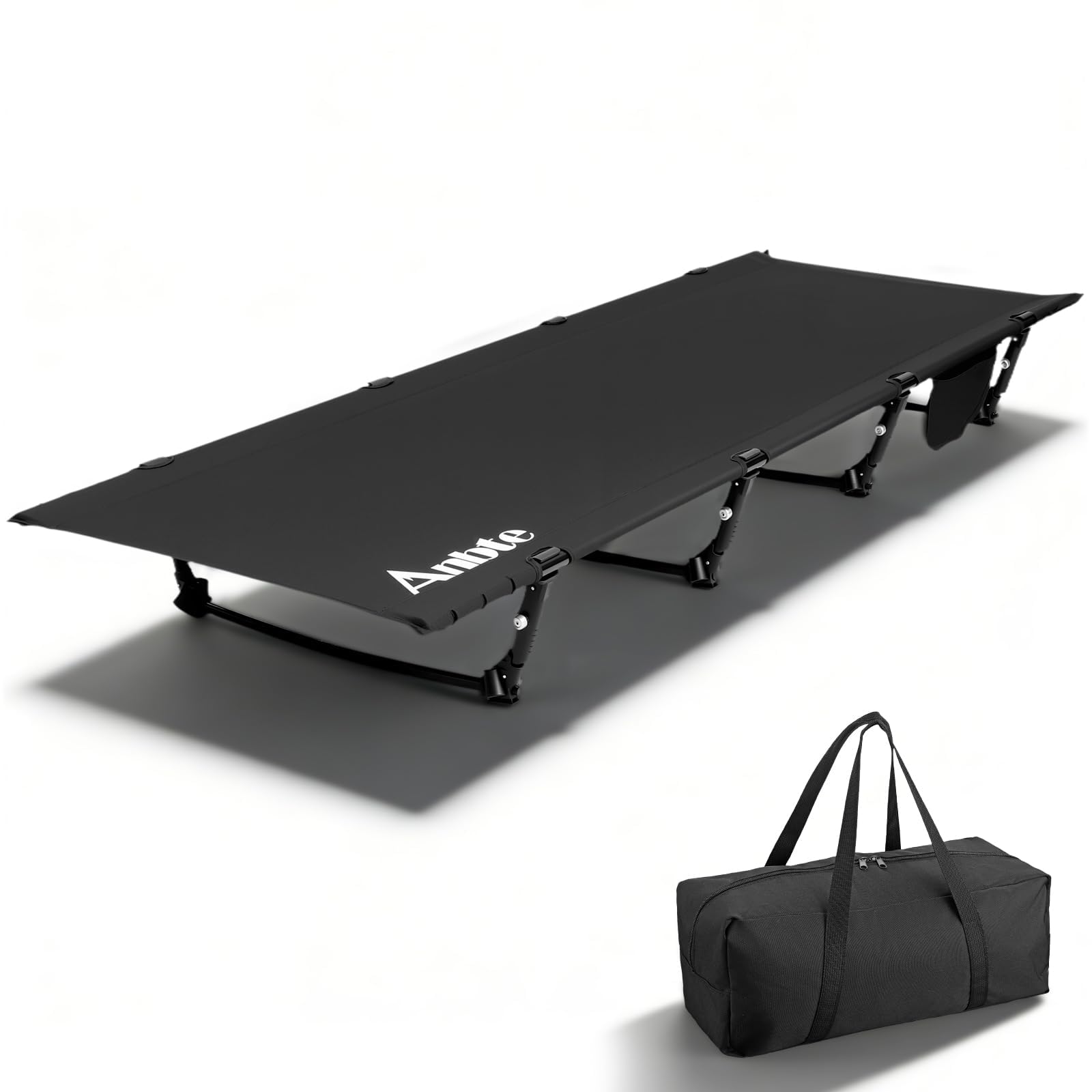 Photo 1 of **POSSIBLY FOR PARTS/ UNKNOWN MISSING PIECES*** Anbte Ultralight Folding Camping Cot, Comfortable Portable Camping Cot Supports 275 lbs with Storage Bag & Side Pocket, Lightweight Folding Bed for Outdoor Travel Tent Indoor Emergency Bed, Black