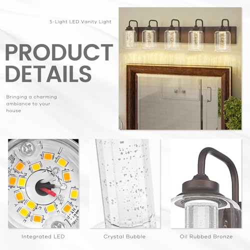 Image of zeyu 25W LED Bathroom Lights, 5-Light Vanity Lighting Fixtures for Bathroom with 5 Color Modes, Oil Rubbed Bronze Finish with Crystal Bubble and Clear Glass, ZSL72B-5W LED ORB-1