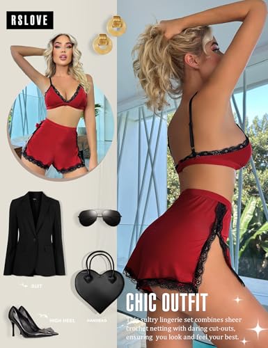 Image of RSLOVE Sexy Pajamas for Women Soft Lingerie Set Lace Trim Sleepwear 2 piece Pjs Shorts Set