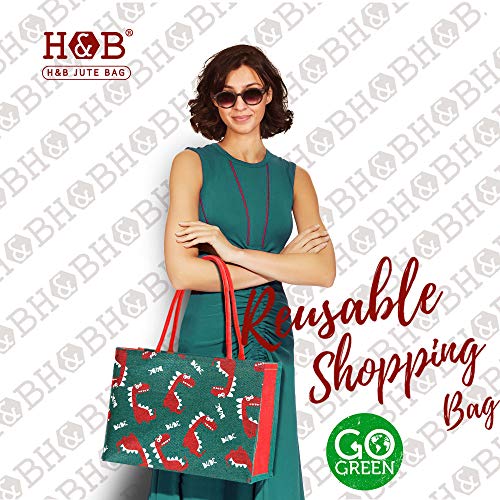 Image of H&B Jute Bag for Shopping - Printed Jute Bag | Shoulder Bag | Shoppers Tote | Jute Bag Big Size | Grocery Bag | eco Friendly Bags for Shopping - Cute & Quirky Collection (Cute Dino - Red)