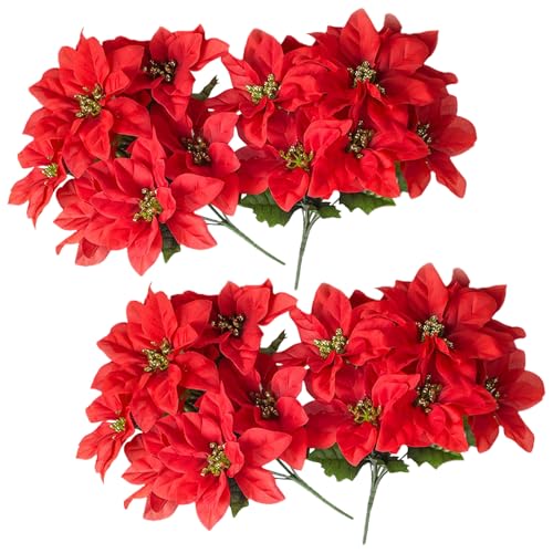YIAJIA Lot de 4 bouquets de fleurs de poinsettia artificielles et feuillage de Noël pour fête de Noël, arrangements floraux, décoration de mariage