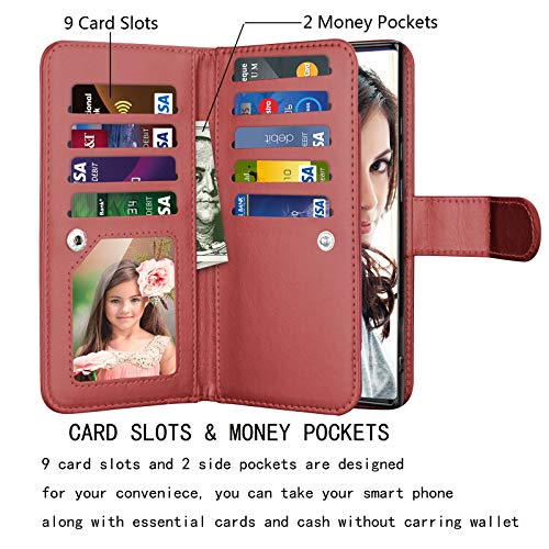 Njjex Galaxy Note 20 5G Wallet Case - Wine Red, 9 Card Slots, PU Leather, Detachable Kickstand, Magnetic Cover & Lanyard