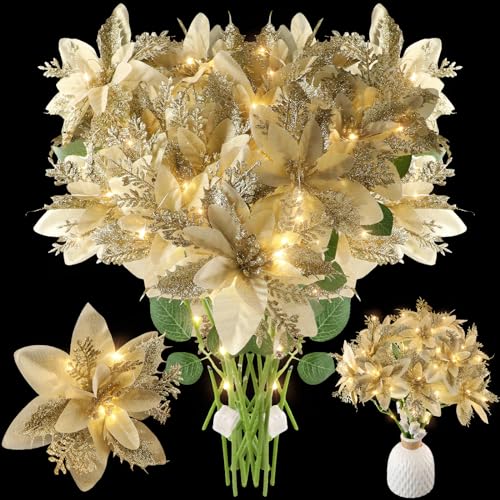 Yunlly 12 Pcs LED Christmas Artificial Poinsettia Bushes Red Poinsettia Christmas Flowers Bushes Light Single Faux Poinsettia Plant Tabletop Tree for Xmas Home Indoor Outdoor Holiday Party (Gold)