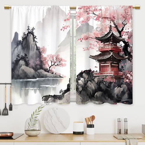 Cinekker Watercolor Cherry Blossom Kitchen Curtains - Japanese Asian Chinese Bathroom Window...