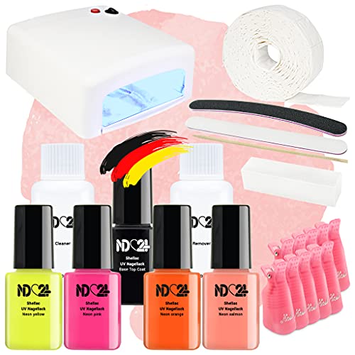 Premium Shellac Polish Gel Nagellack Starter Set UV Lampe + Neon Collection Lacke - Made in Germany