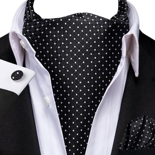 Image of Hi-Tie Silk Ascot for Men Self Tie Men's Cravat and Flower Lapel Pin Handkerchief Cufflinks Set for Wedding Party