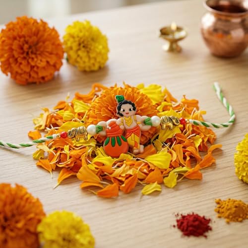 Image of Cartoon Kanha Bal Krishna and Car Rakhi for Baby /Kids Brother /Sister | Combo for Kids | Rakhi with Greeting Card & Roli Chawal