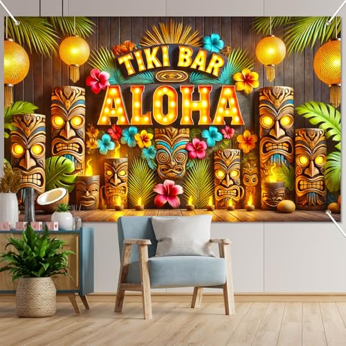 Image of BlissYard Luau Party Decorations 71 x 43 Inch Aloha Banner Summer Tiki Backdrop Hawaiian Luau Party Decorations Seasonal Wall Hanging Decor Hello Summer Tropical Banner with Tiki Totem for Beach Party Decor