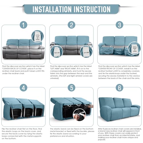 Image of TAOCOCO Recliner Sofa Covers 8-Pieces Stretch Large Couch Covers for 3 Seats Reclining Slipcovers Soft Jacquard Pattern Furniture Protector (Dusty Blue)